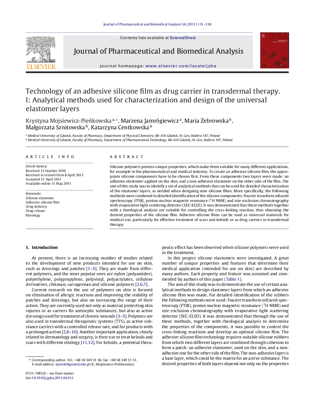 Technology of an adhesive silicone film as drug carrier in transdermal therapy I. Analytical methods used for characterization and design of the universal elastomer layers