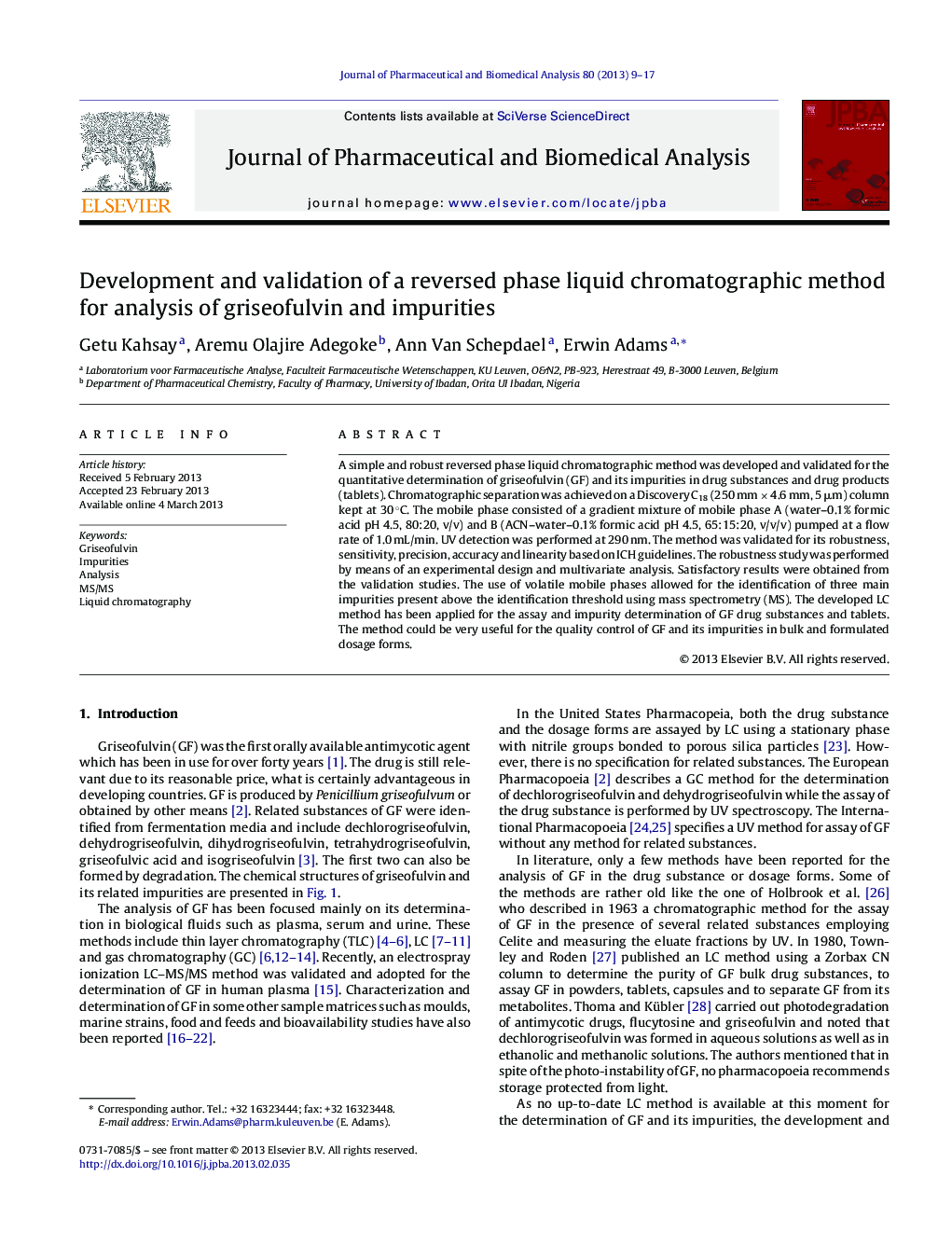 Development and validation of a reversed phase liquid chromatographic method for analysis of griseofulvin and impurities