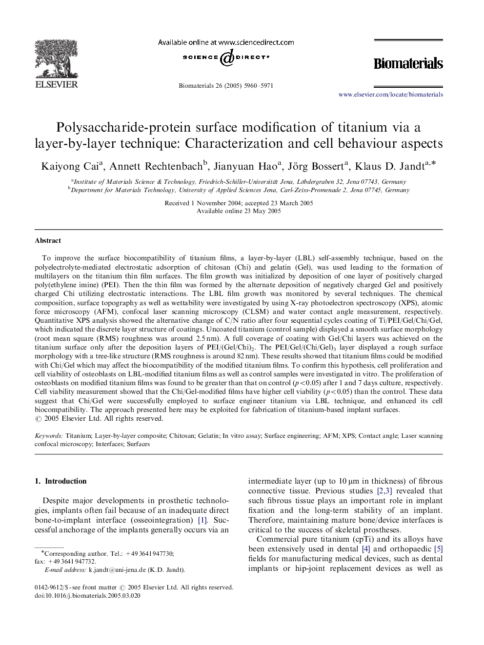 Polysaccharide-protein surface modification of titanium via a layer-by-layer technique: Characterization and cell behaviour aspects