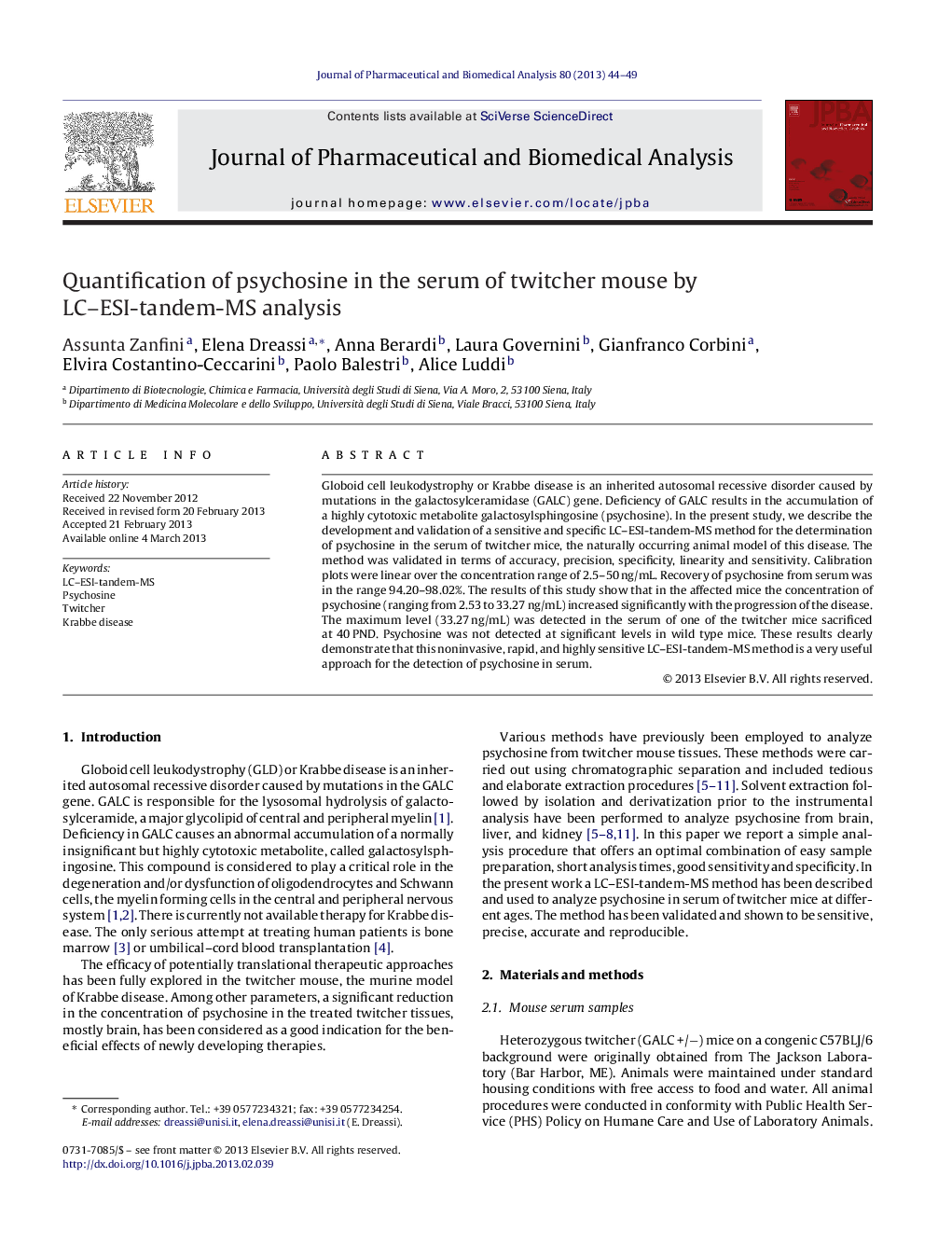 Quantification of psychosine in the serum of twitcher mouse by LC–ESI-tandem-MS analysis