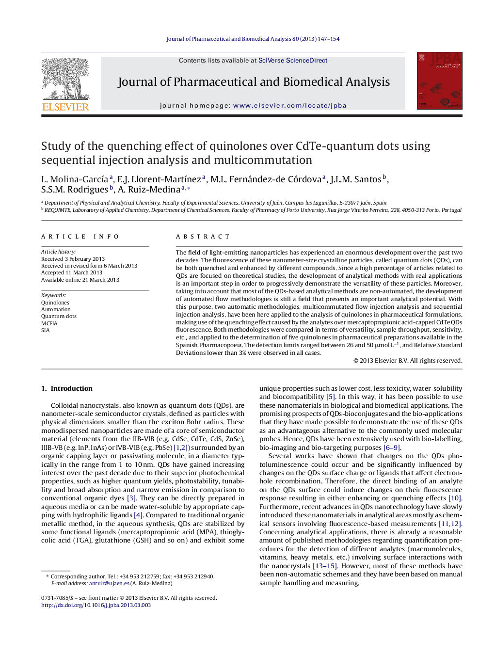 Study of the quenching effect of quinolones over CdTe-quantum dots using sequential injection analysis and multicommutation