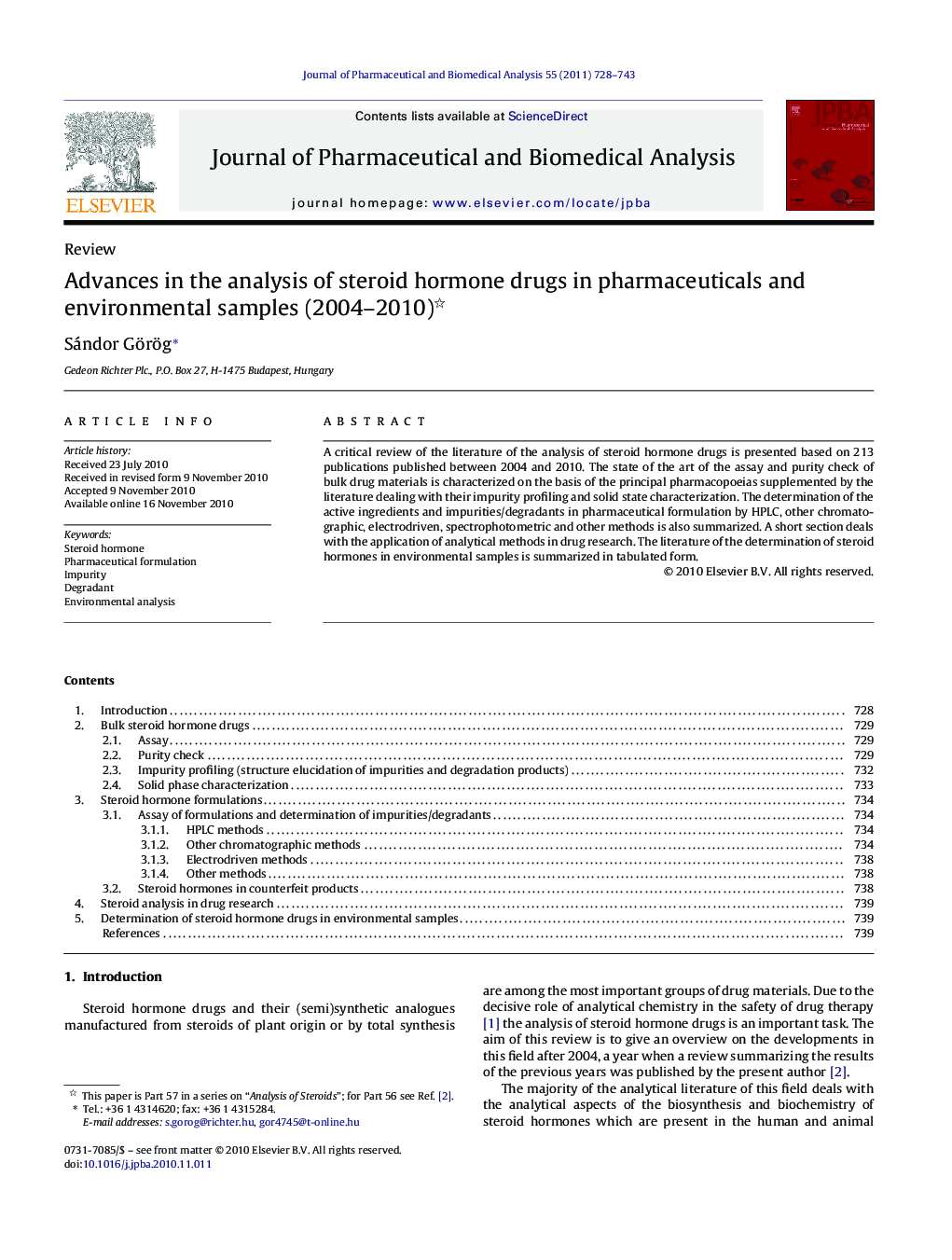 Advances in the analysis of steroid hormone drugs in pharmaceuticals and environmental samples (2004–2010) 