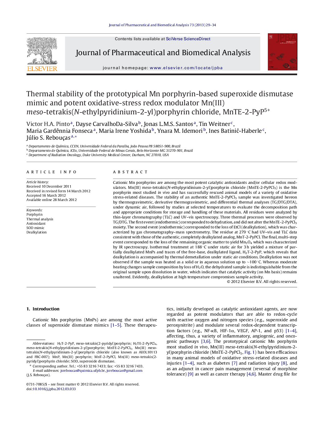 Thermal stability of the prototypical Mn porphyrin-based superoxide dismutase mimic and potent oxidative-stress redox modulator Mn(III) meso-tetrakis(N-ethylpyridinium-2-yl)porphyrin chloride, MnTE-2-PyP5+