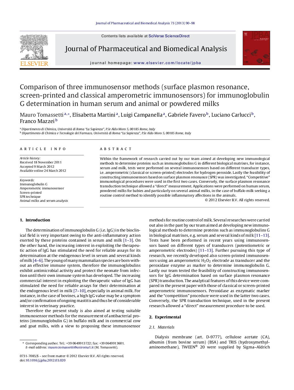 Comparison of three immunosensor methods (surface plasmon resonance, screen-printed and classical amperometric immunosensors) for immunoglobulin G determination in human serum and animal or powdered milks