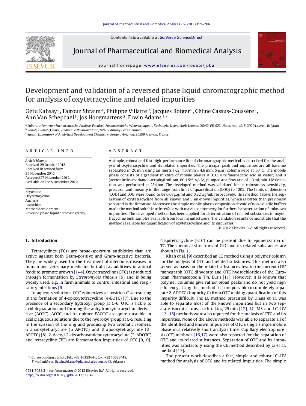 Development and validation of a reversed phase liquid chromatographic method for analysis of oxytetracycline and related impurities