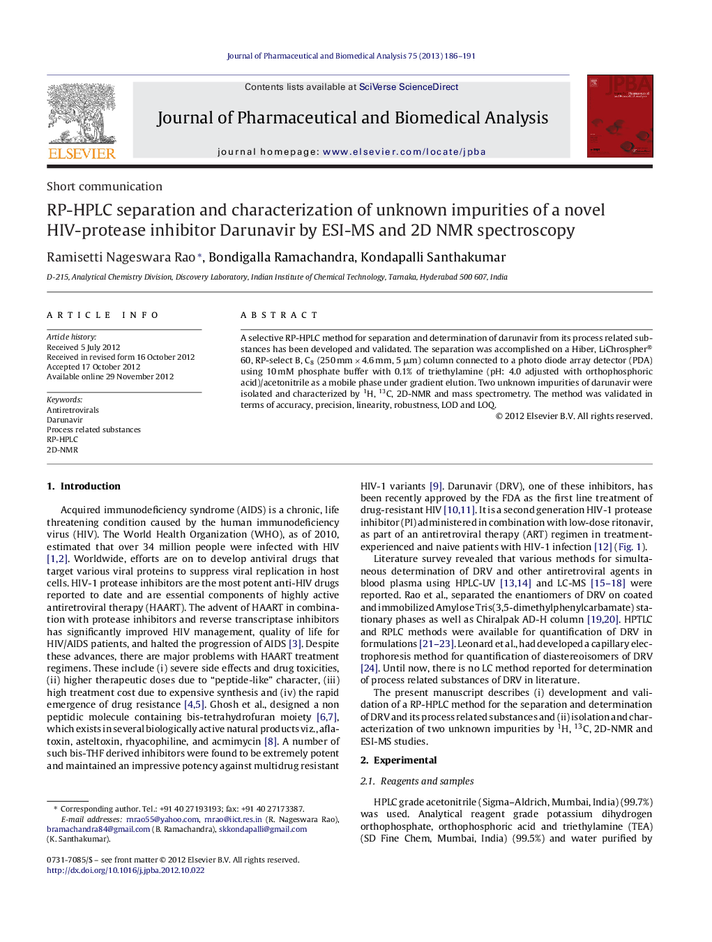 RP-HPLC separation and characterization of unknown impurities of a novel HIV-protease inhibitor Darunavir by ESI-MS and 2D NMR spectroscopy