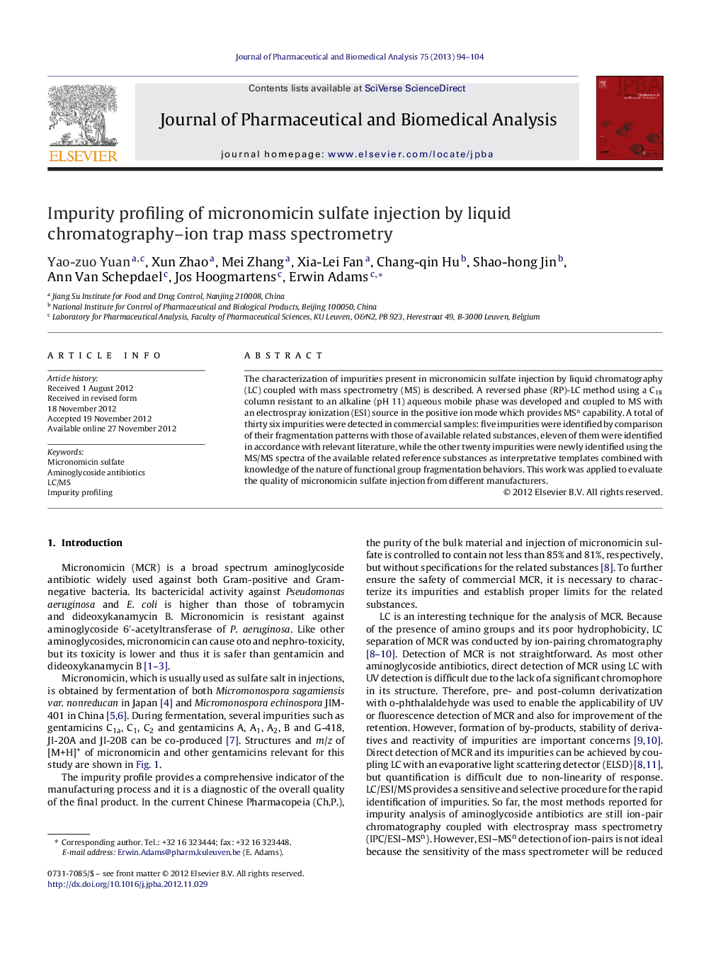 Impurity profiling of micronomicin sulfate injection by liquid chromatography–ion trap mass spectrometry