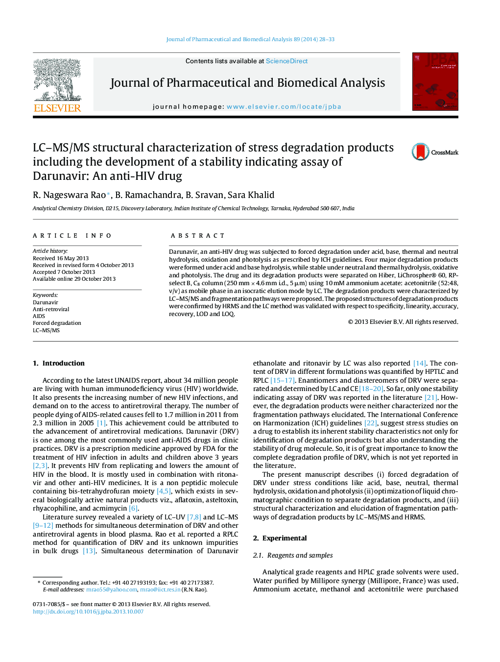 LC–MS/MS structural characterization of stress degradation products including the development of a stability indicating assay of Darunavir: An anti-HIV drug