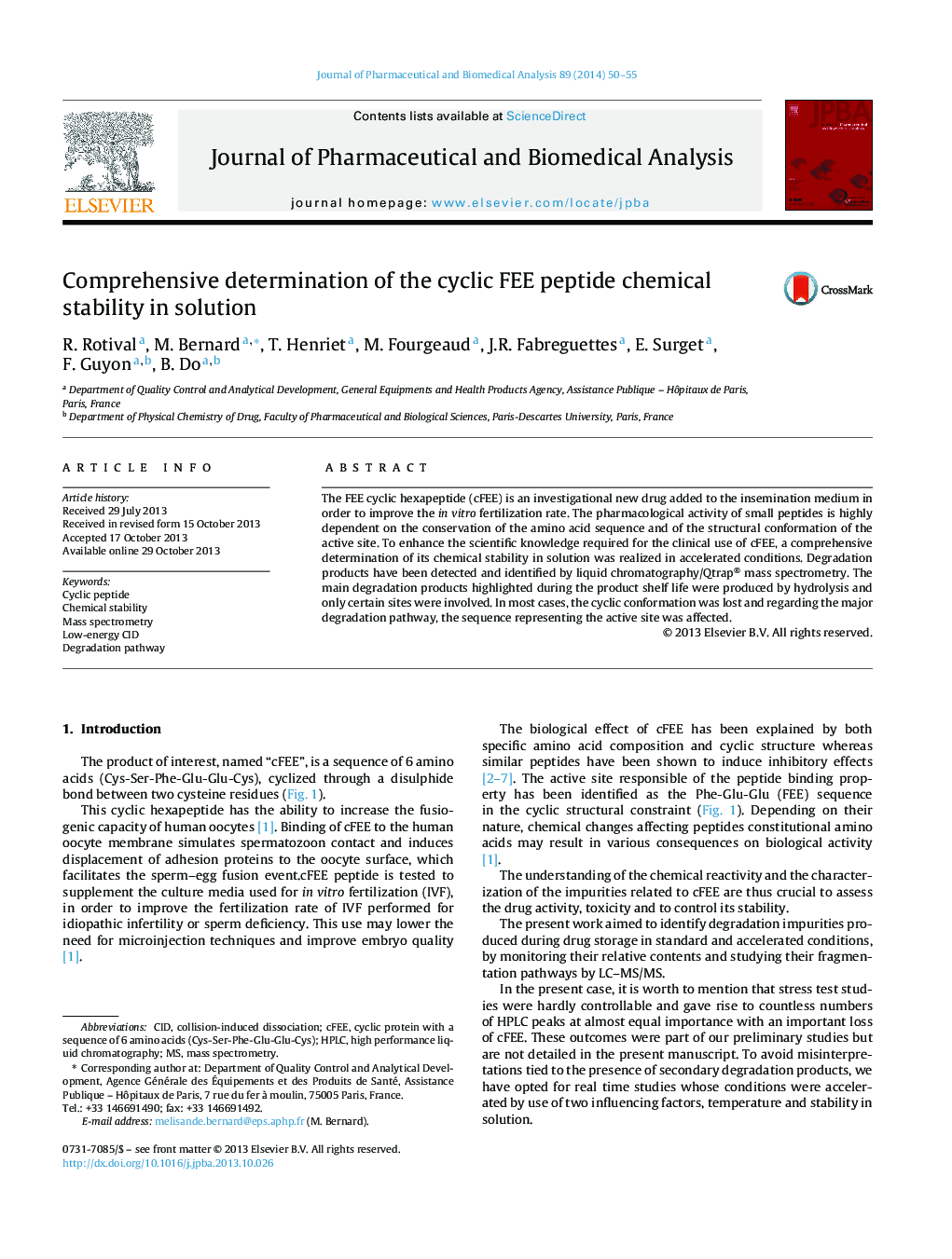 Comprehensive determination of the cyclic FEE peptide chemical stability in solution