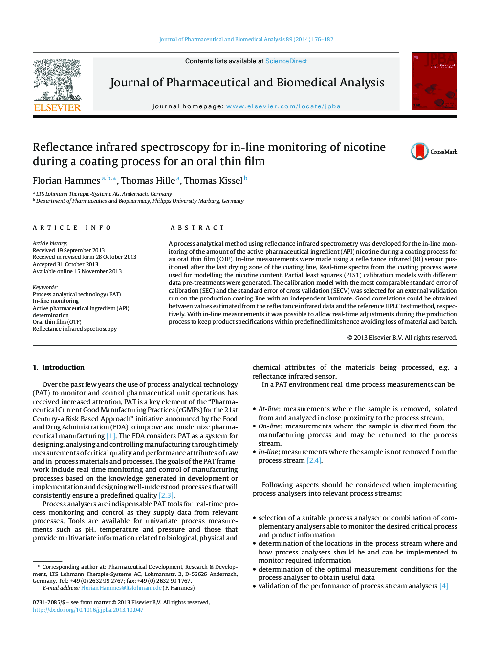 Reflectance infrared spectroscopy for in-line monitoring of nicotine during a coating process for an oral thin film