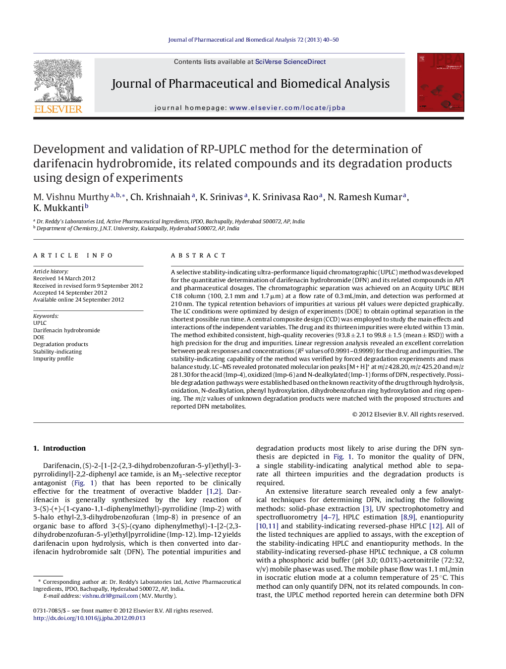 Development and validation of RP-UPLC method for the determination of darifenacin hydrobromide, its related compounds and its degradation products using design of experiments