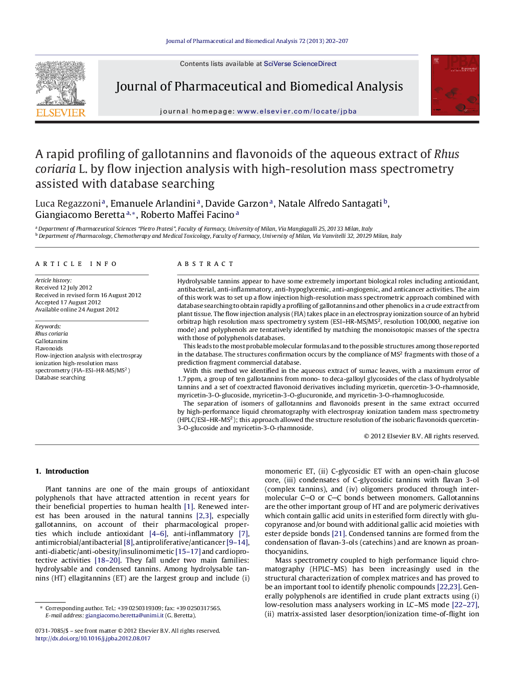 A rapid profiling of gallotannins and flavonoids of the aqueous extract of Rhus coriaria L. by flow injection analysis with high-resolution mass spectrometry assisted with database searching