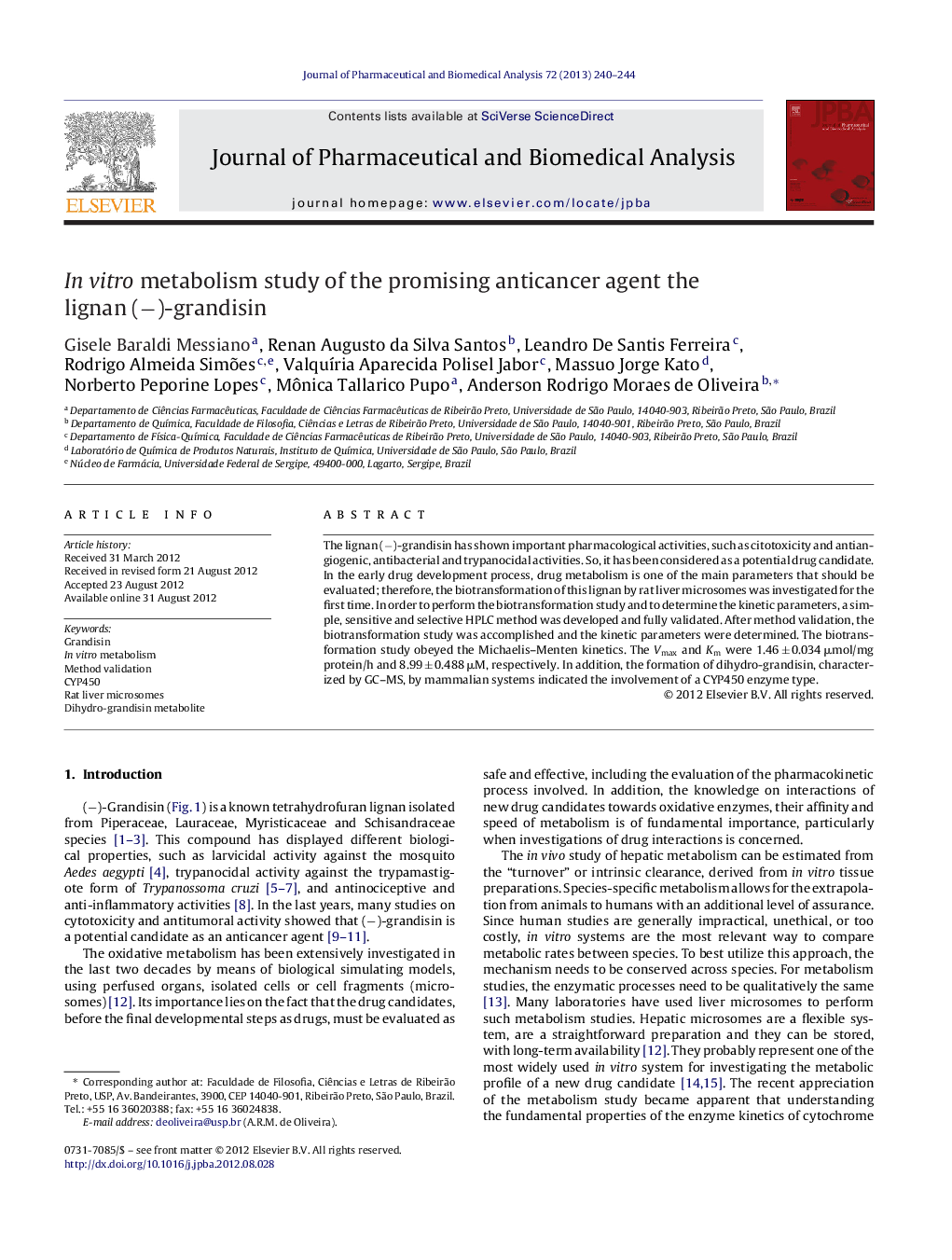 In vitro metabolism study of the promising anticancer agent the lignan (−)-grandisin