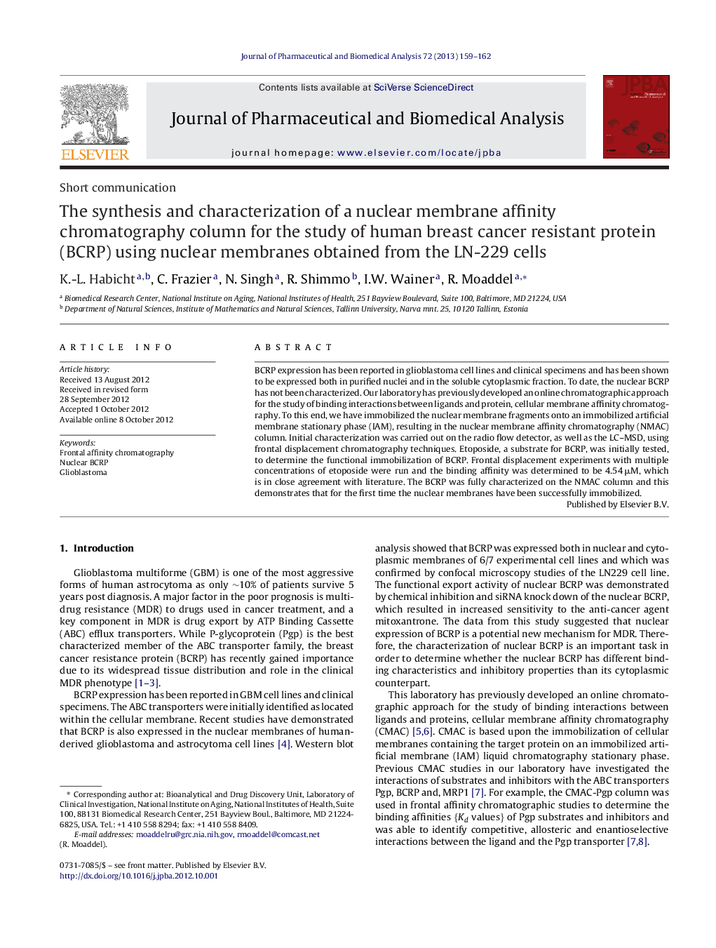 The synthesis and characterization of a nuclear membrane affinity chromatography column for the study of human breast cancer resistant protein (BCRP) using nuclear membranes obtained from the LN-229 cells