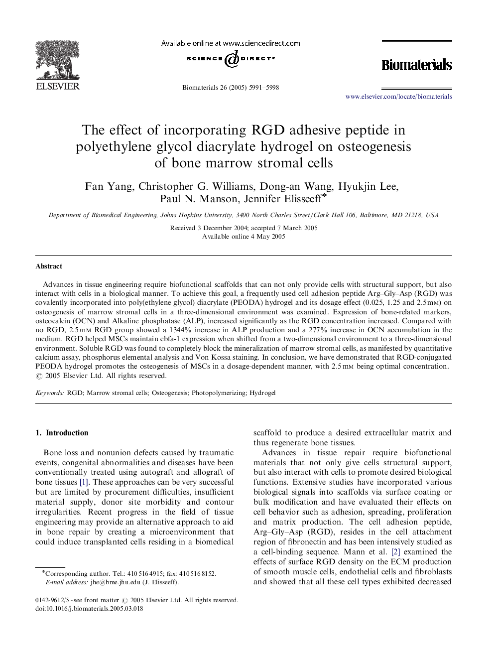 The effect of incorporating RGD adhesive peptide in polyethylene glycol diacrylate hydrogel on osteogenesis of bone marrow stromal cells