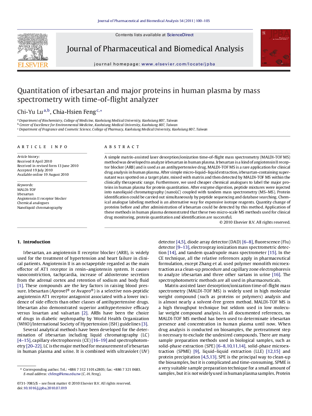 Quantitation of irbesartan and major proteins in human plasma by mass spectrometry with time-of-flight analyzer