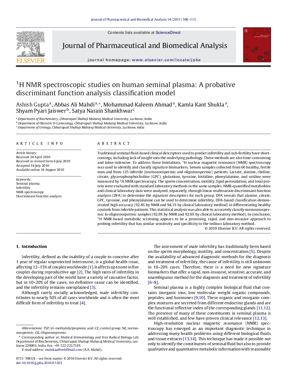 1H NMR spectroscopic studies on human seminal plasma: A probative discriminant function analysis classification model