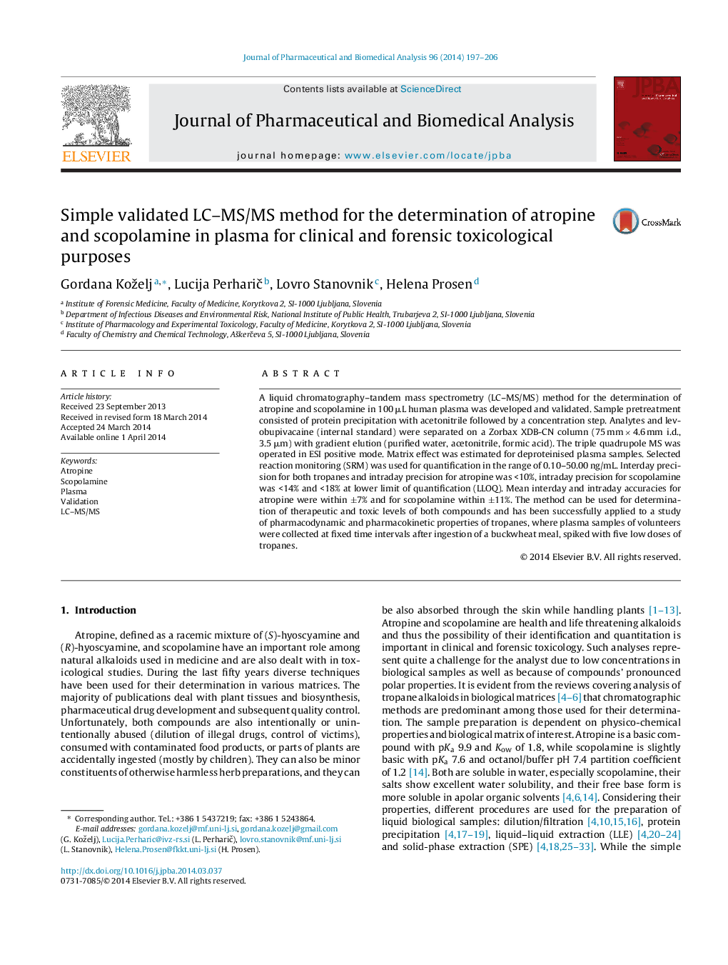 Simple validated LC–MS/MS method for the determination of atropine and scopolamine in plasma for clinical and forensic toxicological purposes