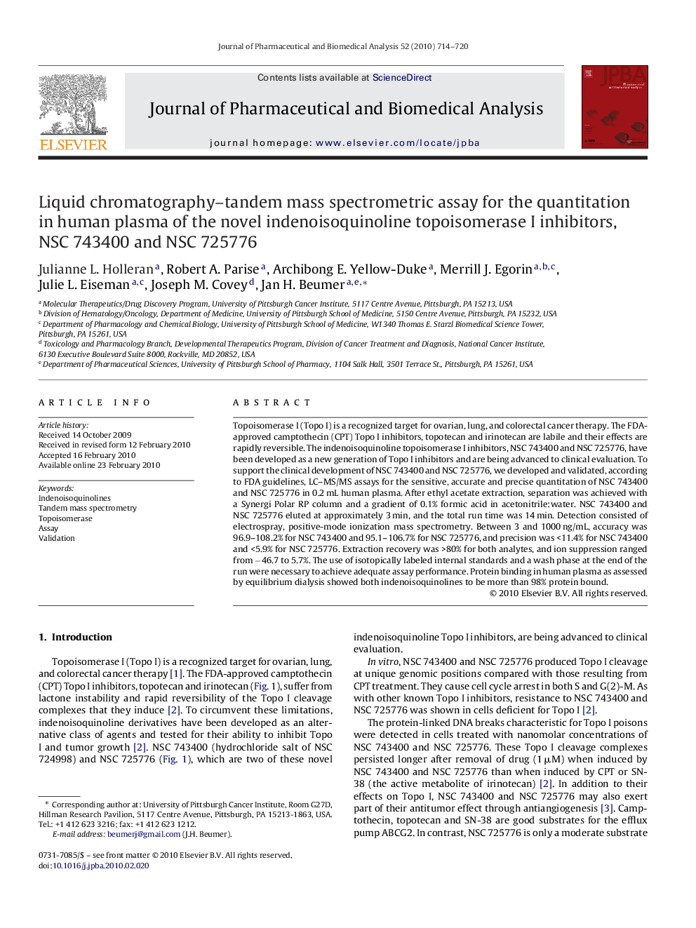 Liquid chromatography–tandem mass spectrometric assay for the quantitation in human plasma of the novel indenoisoquinoline topoisomerase I inhibitors, NSC 743400 and NSC 725776