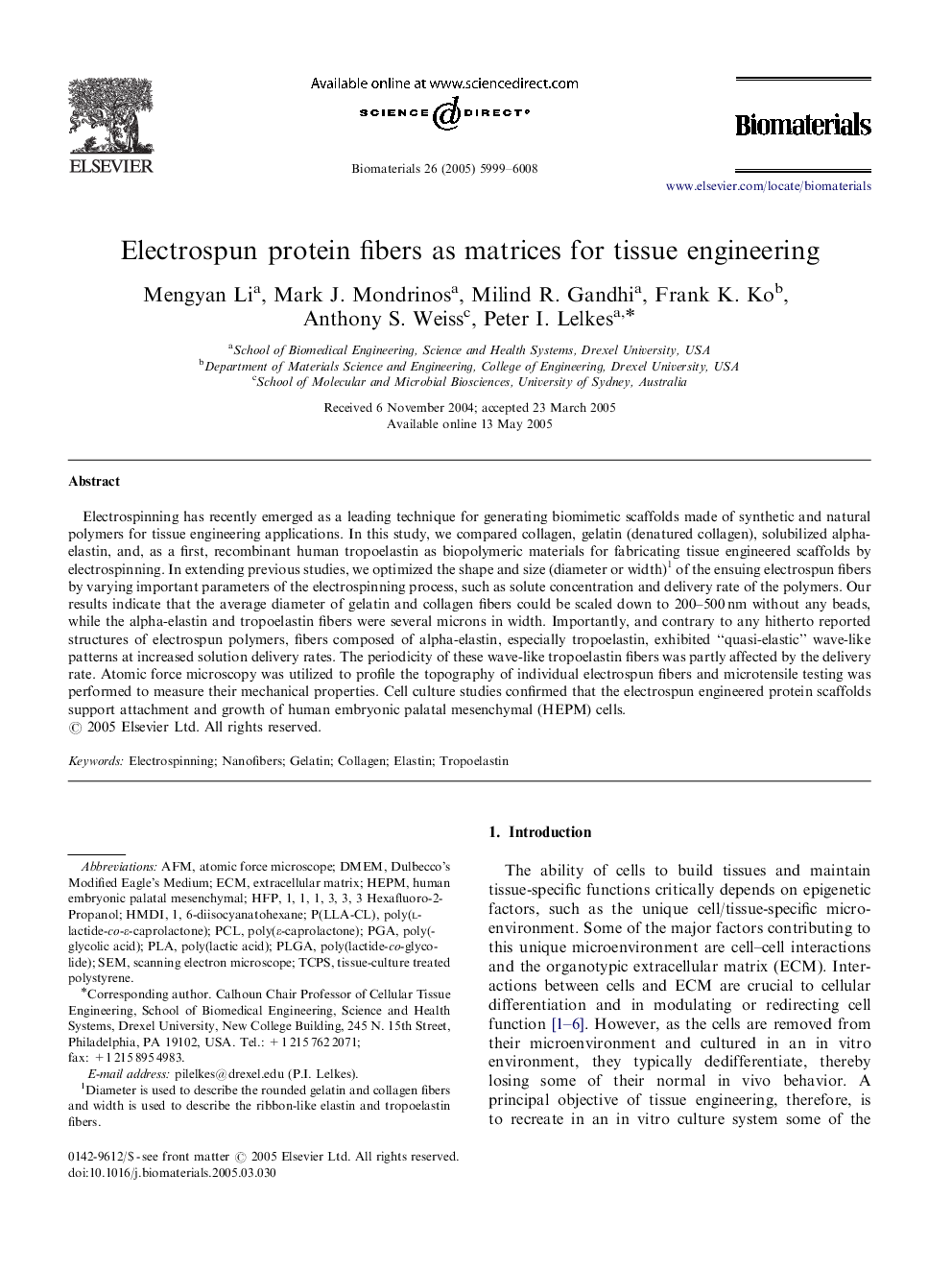 Electrospun protein fibers as matrices for tissue engineering