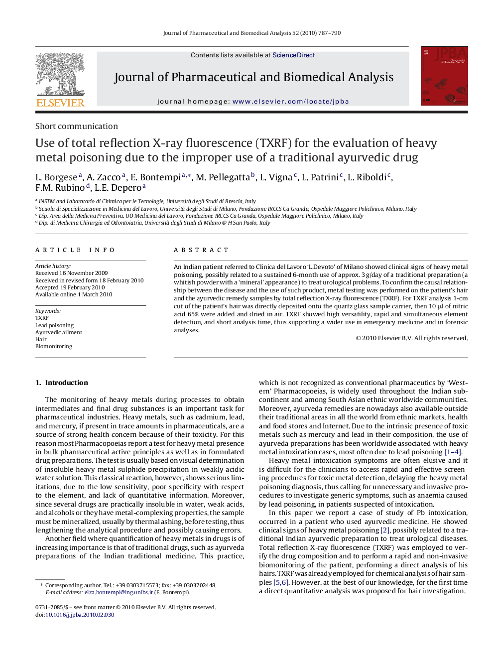 Use of total reflection X-ray fluorescence (TXRF) for the evaluation of heavy metal poisoning due to the improper use of a traditional ayurvedic drug