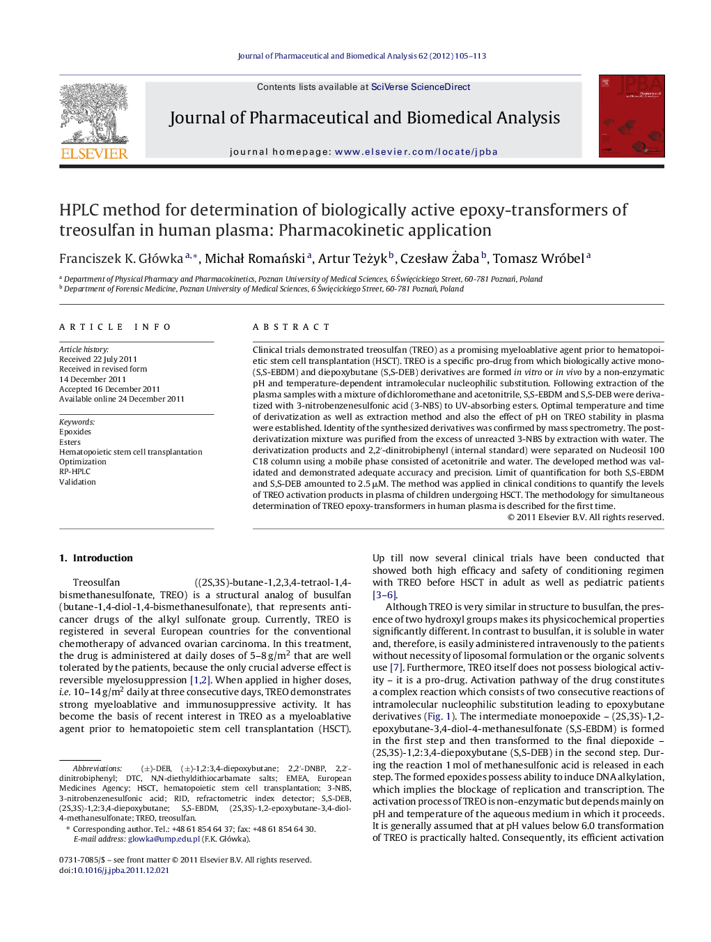 HPLC method for determination of biologically active epoxy-transformers of treosulfan in human plasma: Pharmacokinetic application