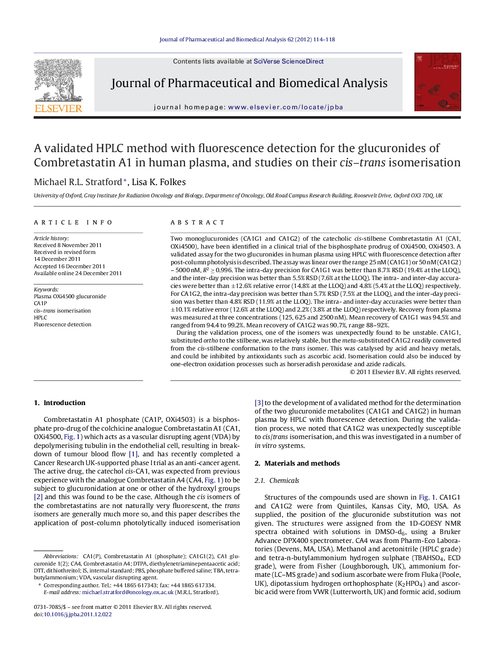 A validated HPLC method with fluorescence detection for the glucuronides of Combretastatin A1 in human plasma, and studies on their cis–trans isomerisation