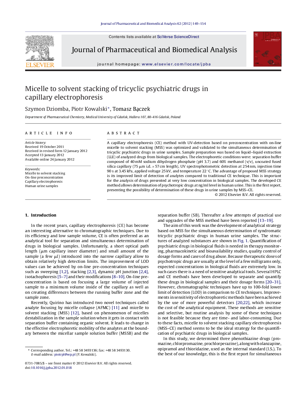 Micelle to solvent stacking of tricyclic psychiatric drugs in capillary electrophoresis