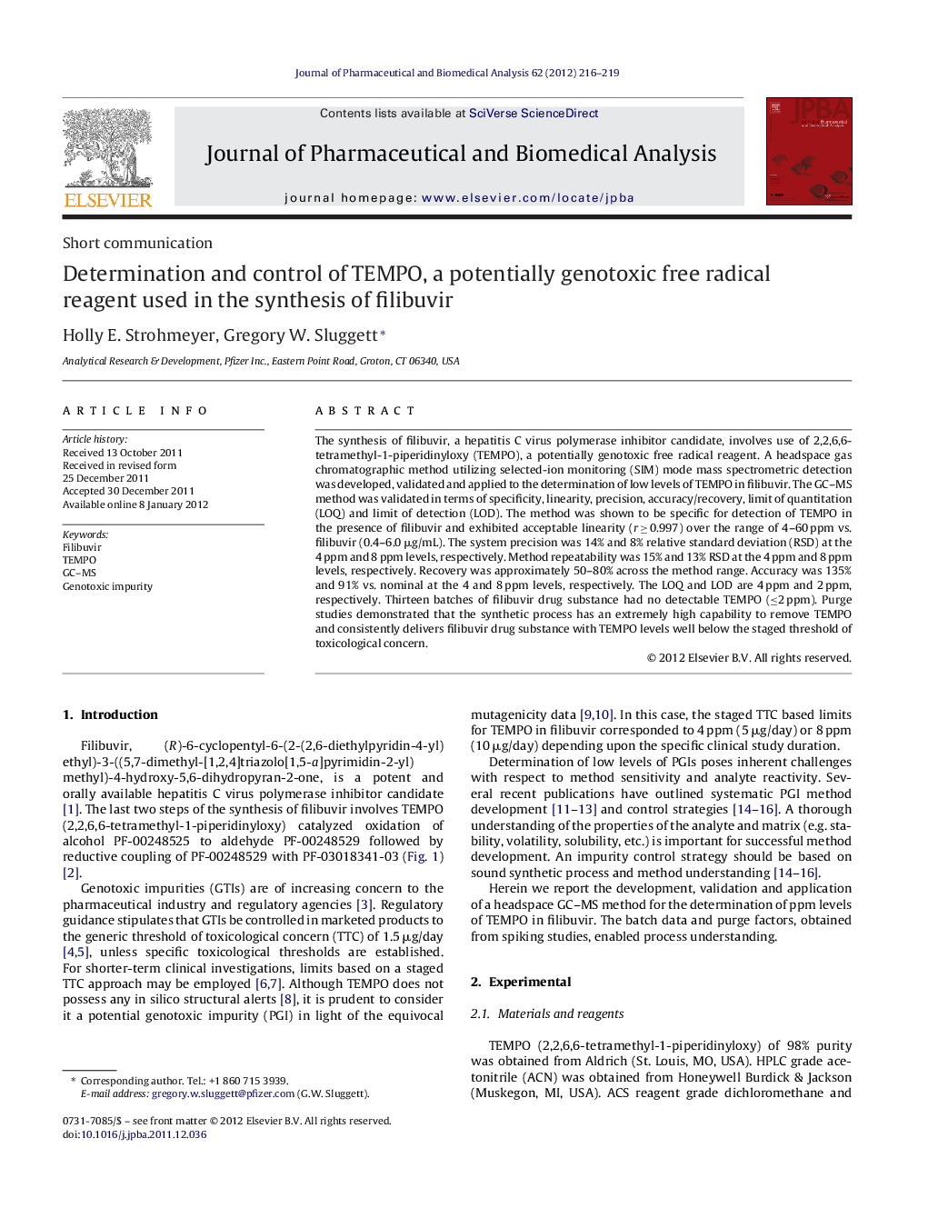 Determination and control of TEMPO, a potentially genotoxic free radical reagent used in the synthesis of filibuvir
