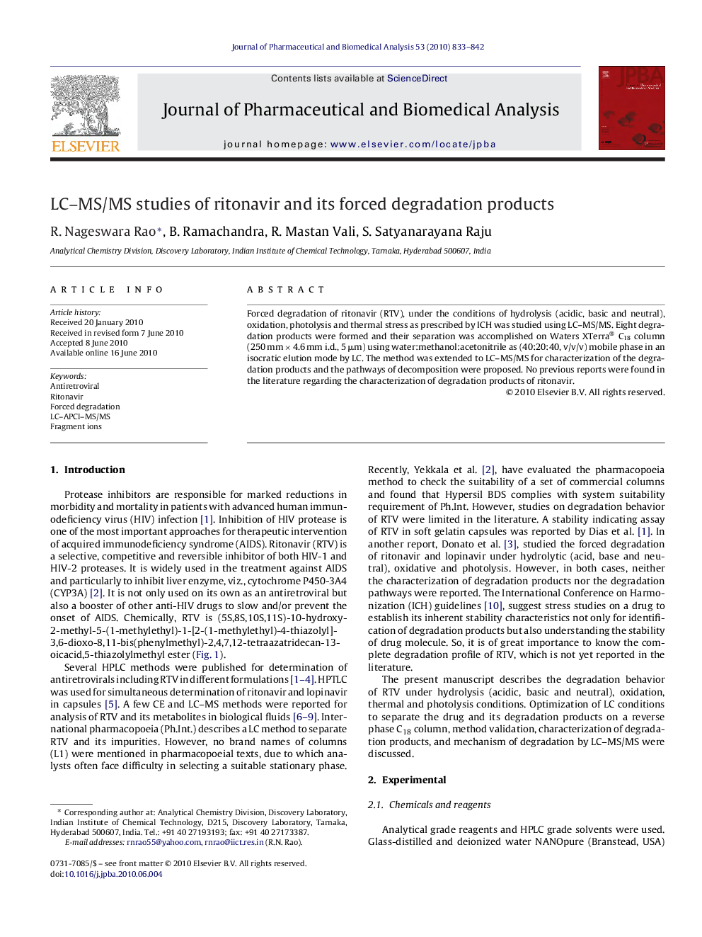 LC–MS/MS studies of ritonavir and its forced degradation products