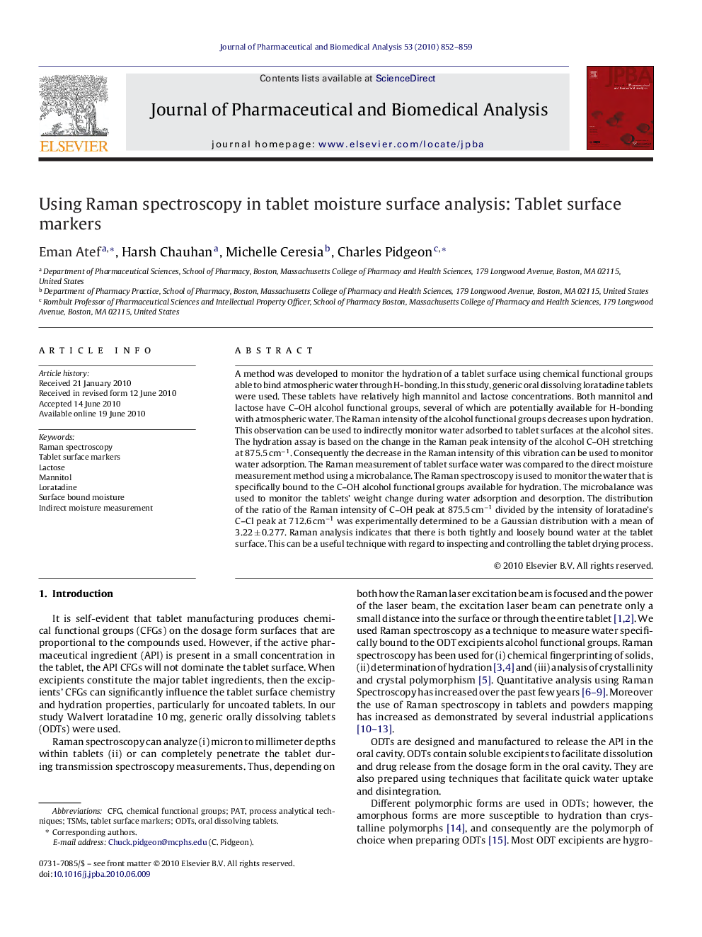 Using Raman spectroscopy in tablet moisture surface analysis: Tablet surface markers