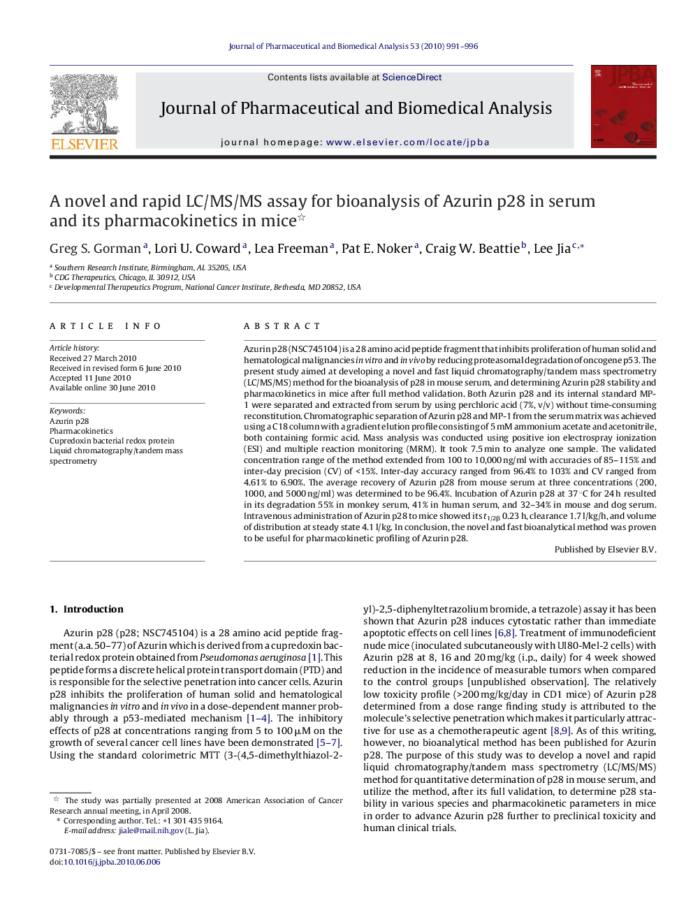 عکس صفحه اول مقاله: A novel and rapid LC/MS/MS assay for bioanalysis of Azurin p28 in serum and its pharmacokinetics in mice A novel and rapid LC/MS/MS assay for bioanalysis of Azurin p28 in serum and its pharmacokinetics in mice