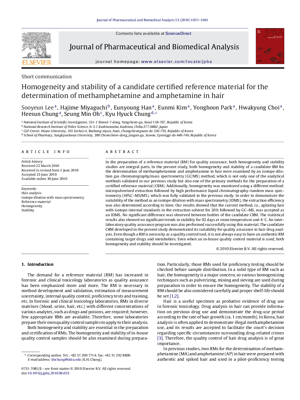 Homogeneity and stability of a candidate certified reference material for the determination of methamphetamine and amphetamine in hair