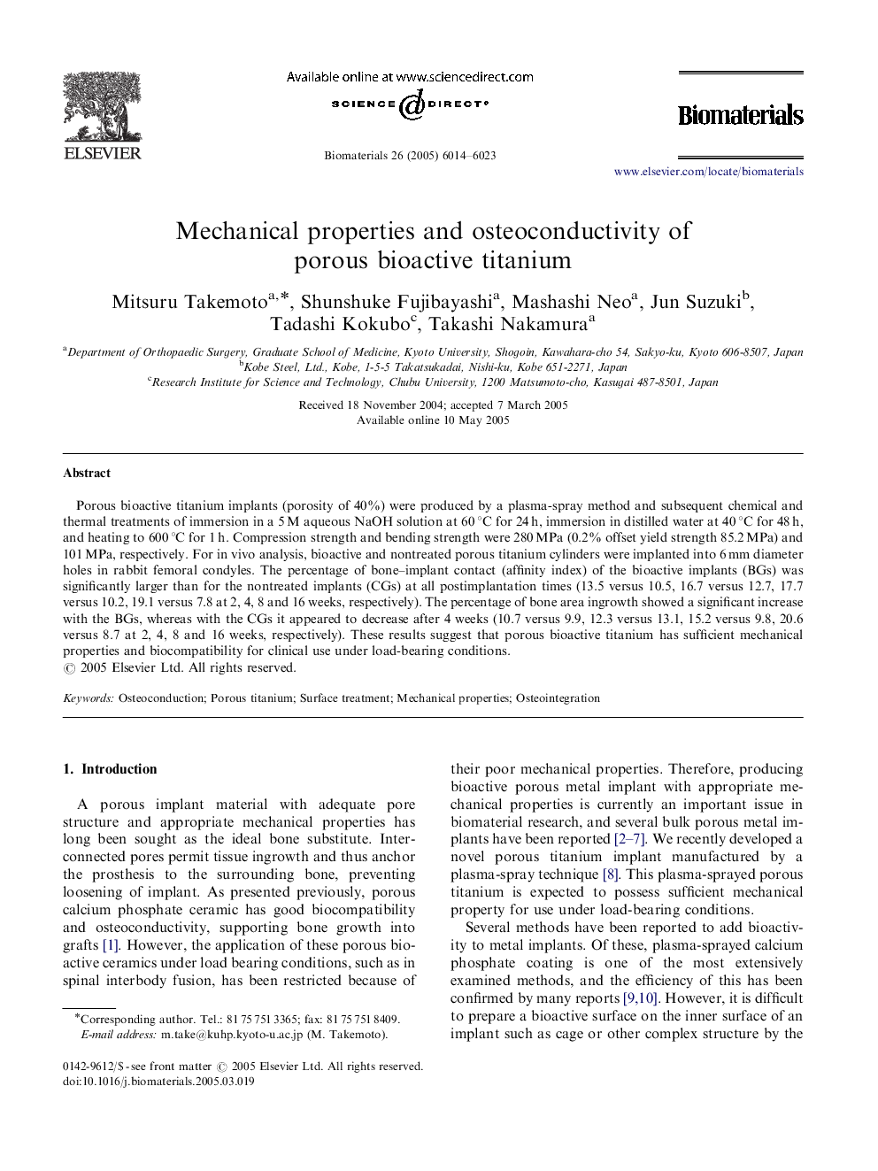 Mechanical properties and osteoconductivity of porous bioactive titanium