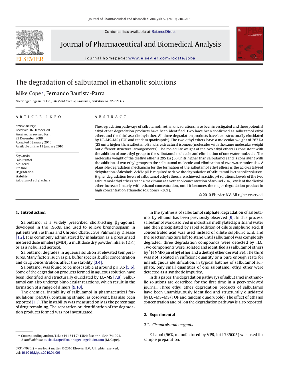 The degradation of salbutamol in ethanolic solutions