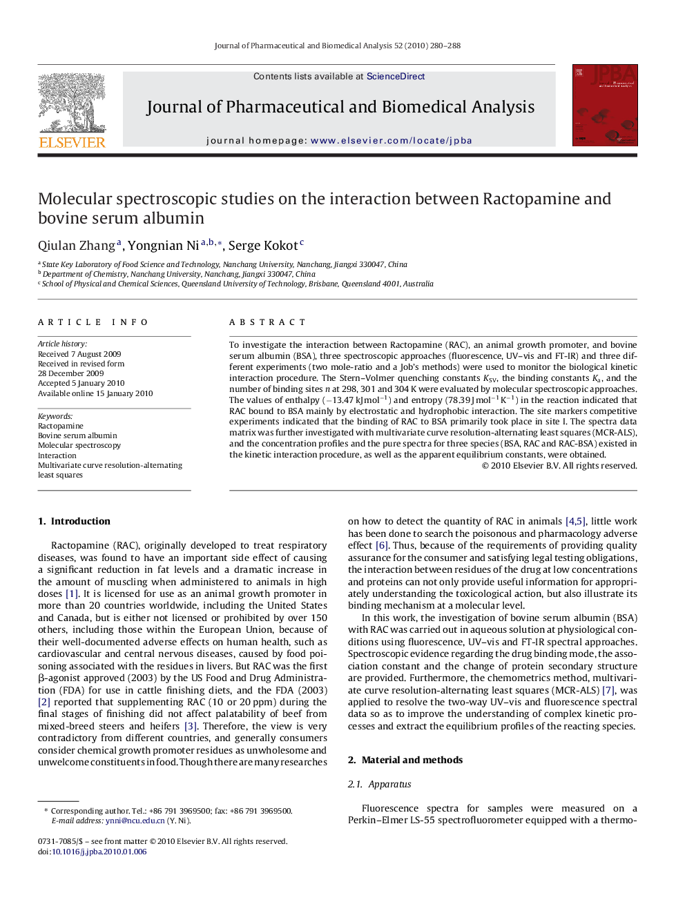 Molecular spectroscopic studies on the interaction between Ractopamine and bovine serum albumin