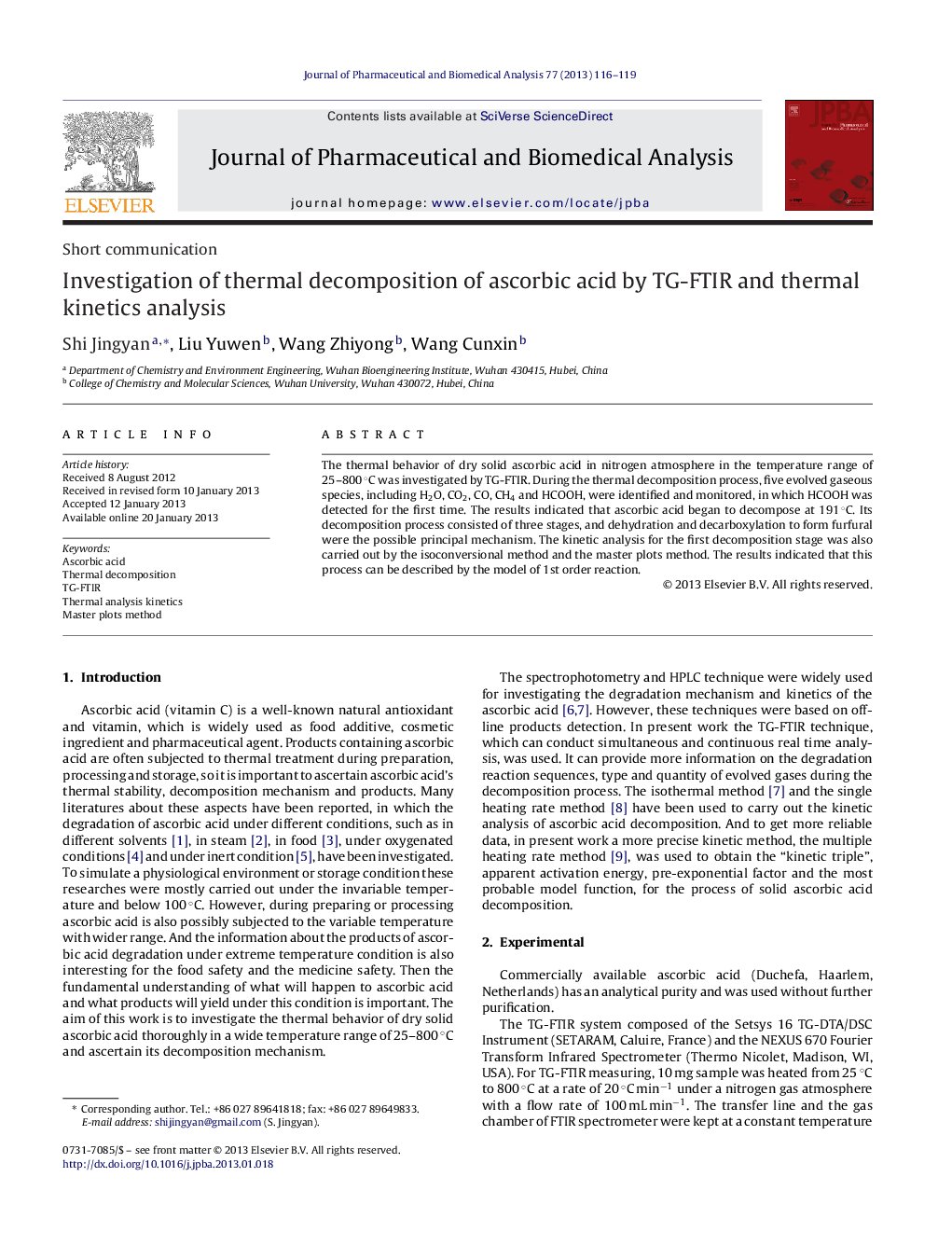 Investigation of thermal decomposition of ascorbic acid by TG-FTIR and thermal kinetics analysis