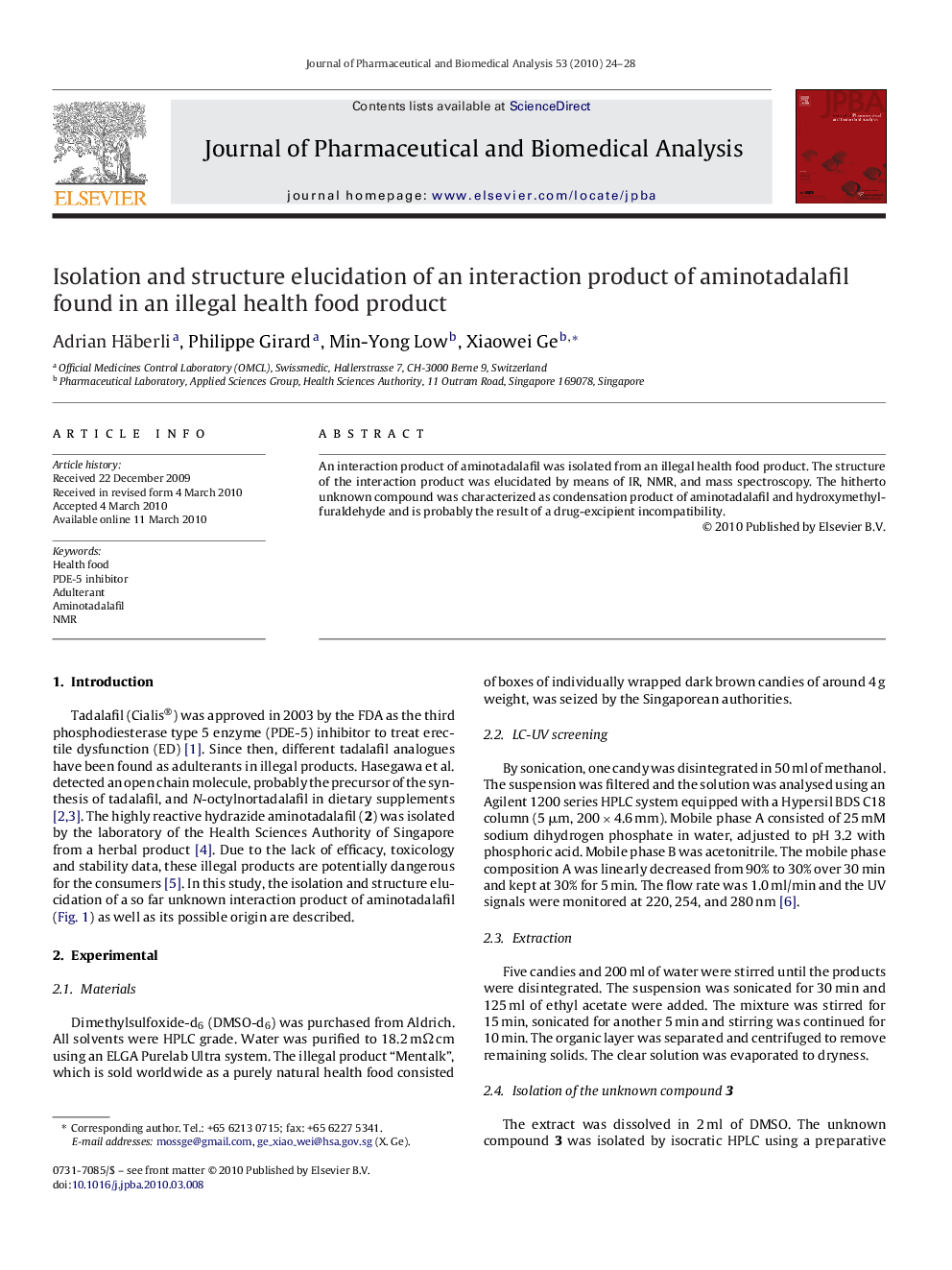 Isolation and structure elucidation of an interaction product of aminotadalafil found in an illegal health food product