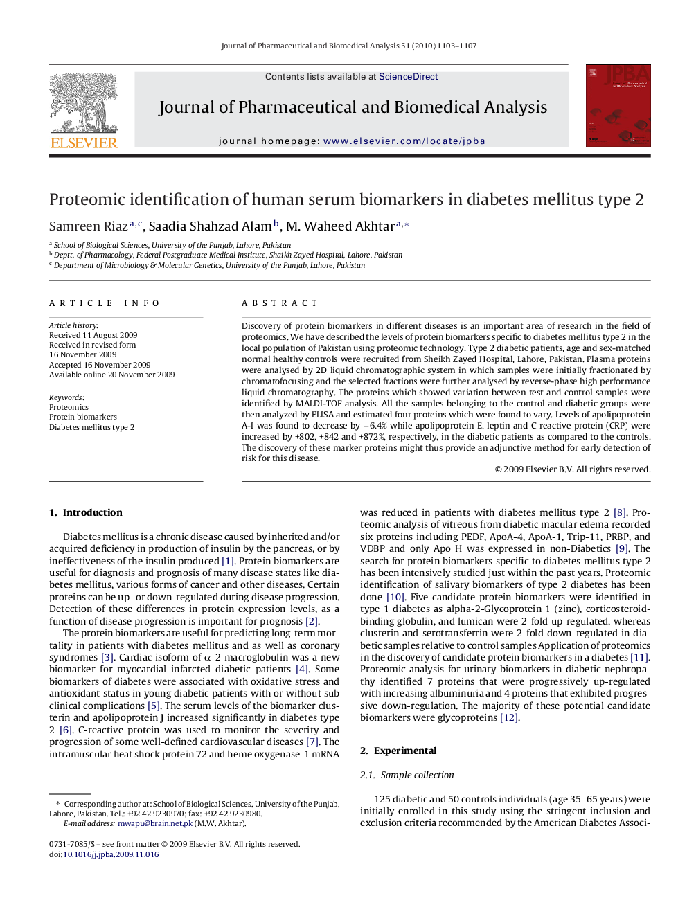 Proteomic identification of human serum biomarkers in diabetes mellitus type 2