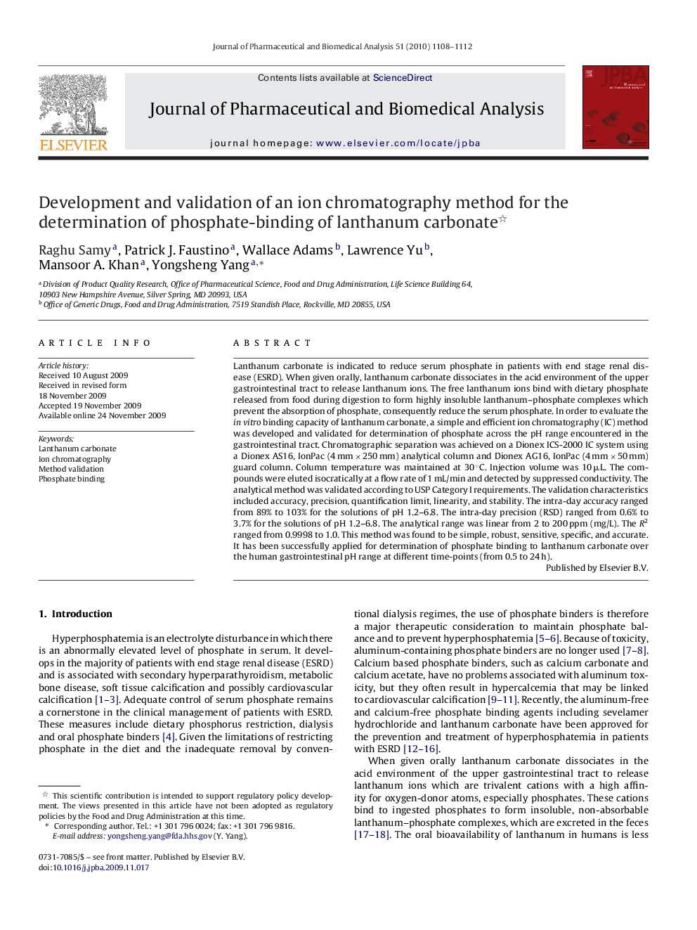 Development and validation of an ion chromatography method for the determination of phosphate-binding of lanthanum carbonate 