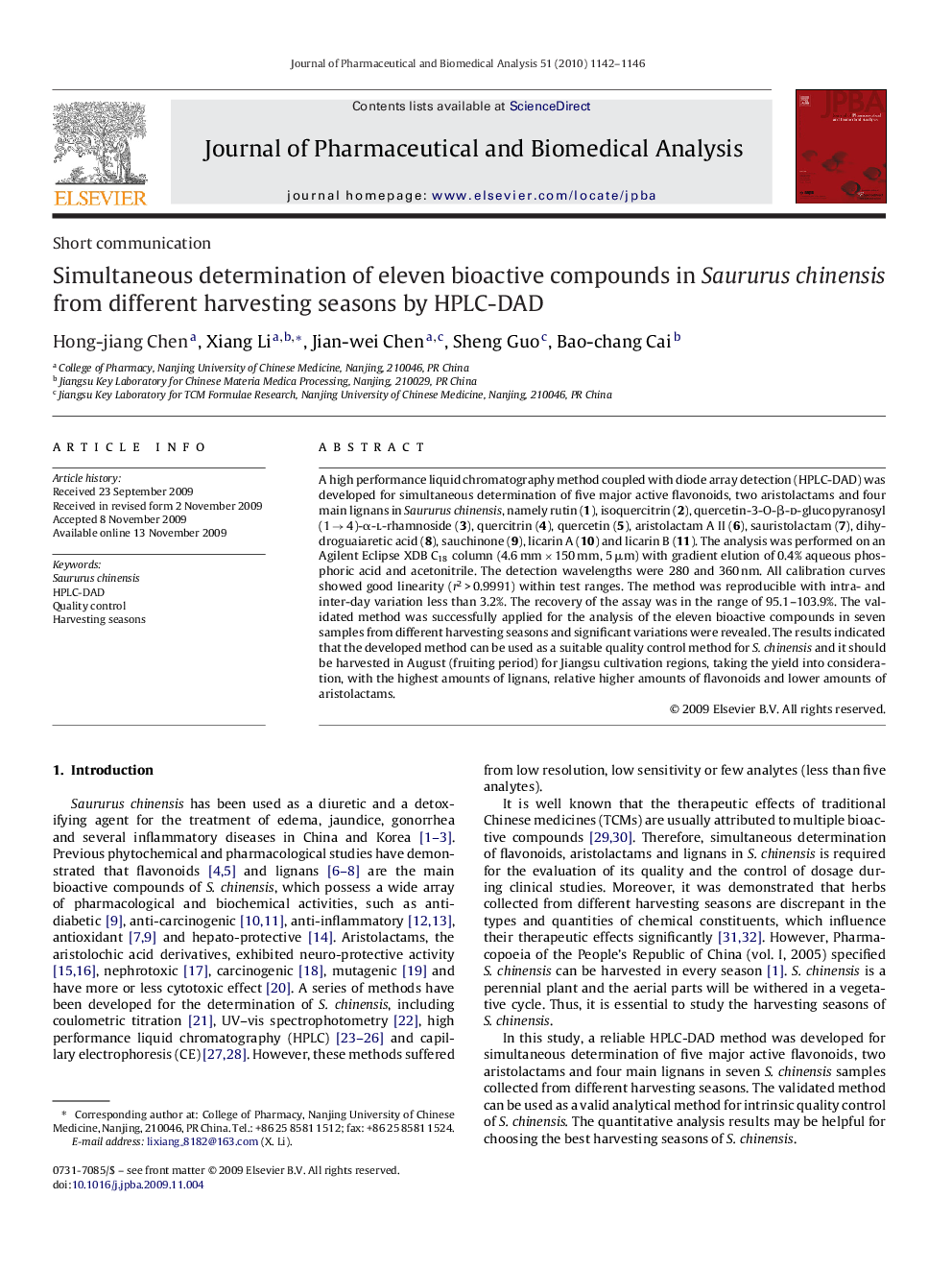 Simultaneous determination of eleven bioactive compounds in Saururus chinensis from different harvesting seasons by HPLC-DAD