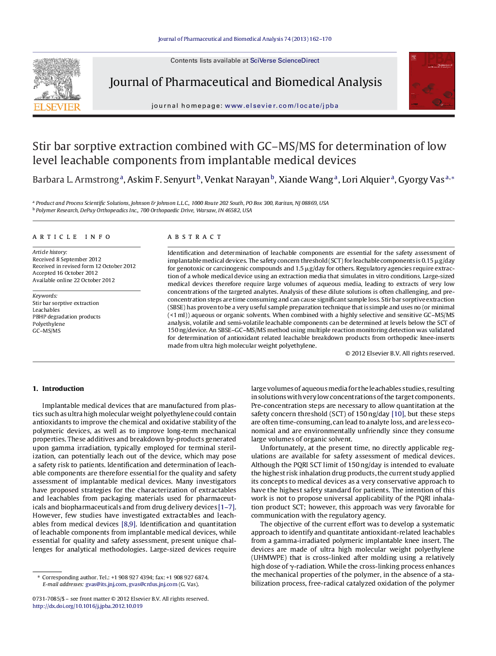 Stir bar sorptive extraction combined with GC–MS/MS for determination of low level leachable components from implantable medical devices