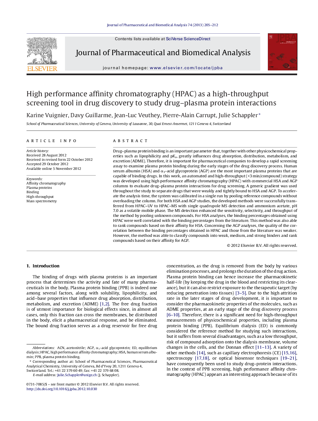 High performance affinity chromatography (HPAC) as a high-throughput screening tool in drug discovery to study drug–plasma protein interactions