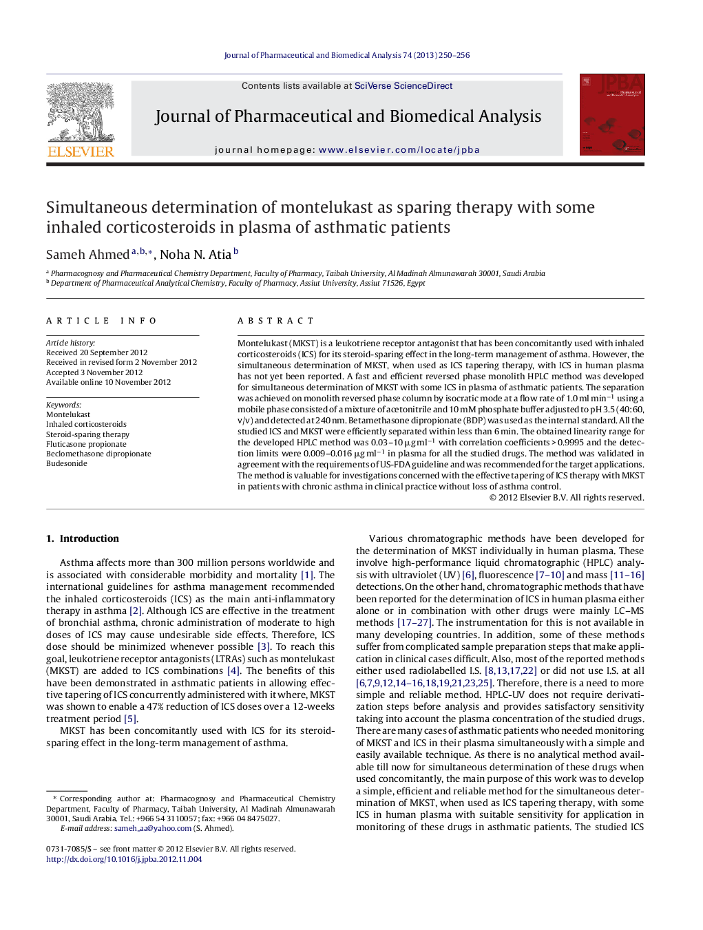 عکس صفحه اول مقاله: Simultaneous determination of montelukast as sparing therapy with some inhaled corticosteroids in plasma of asthmatic patients Simultaneous determination of montelukast as sparing therapy with some inhaled corticosteroids in plasma of asthmatic patients