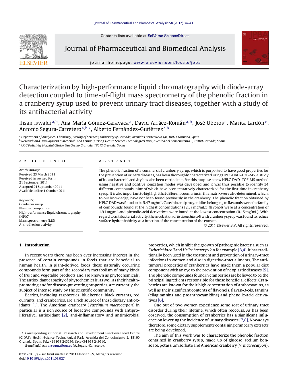 Characterization by high-performance liquid chromatography with diode-array detection coupled to time-of-flight mass spectrometry of the phenolic fraction in a cranberry syrup used to prevent urinary tract diseases, together with a study of its antibacter