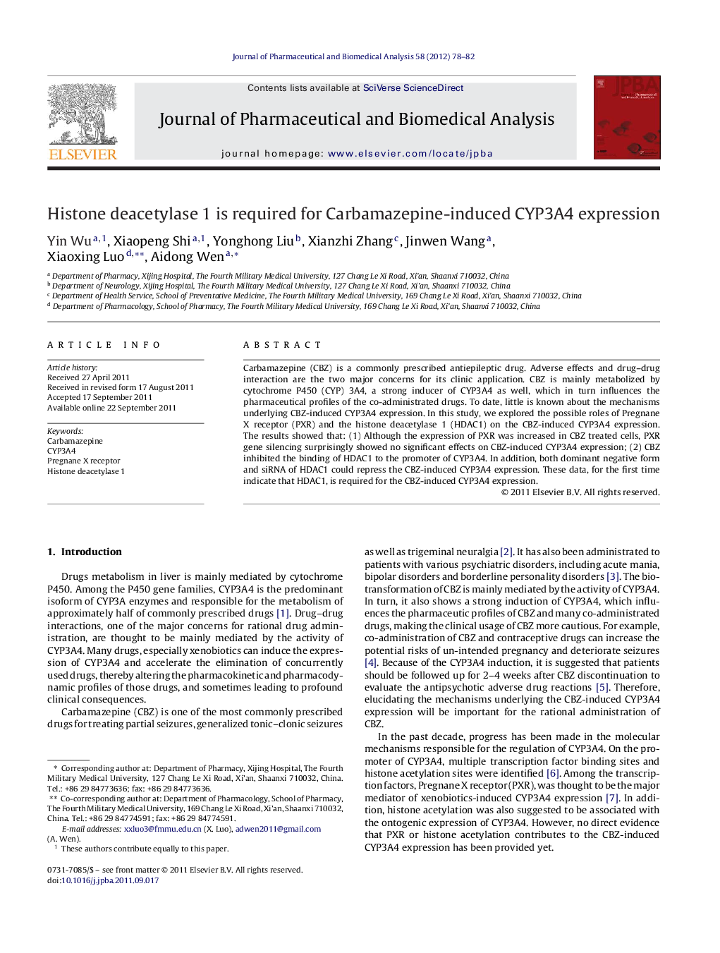 Histone deacetylase 1 is required for Carbamazepine-induced CYP3A4 expression