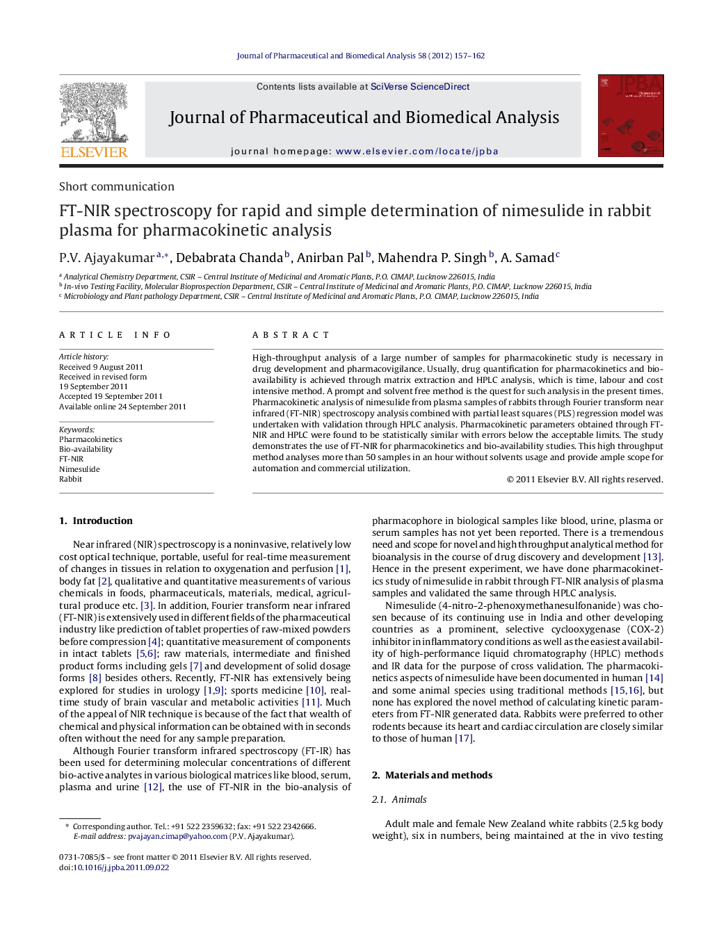 FT-NIR spectroscopy for rapid and simple determination of nimesulide in rabbit plasma for pharmacokinetic analysis