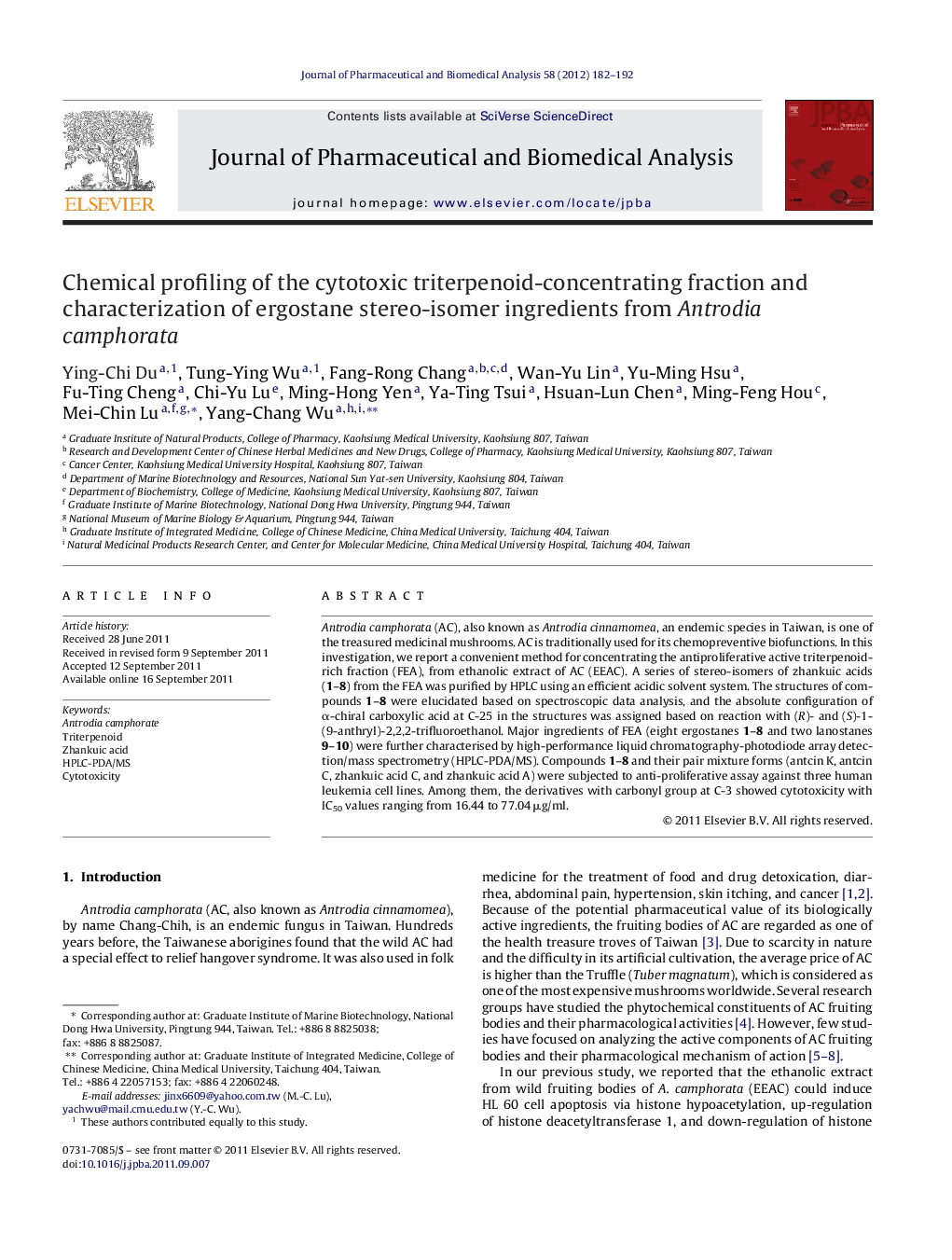 Chemical profiling of the cytotoxic triterpenoid-concentrating fraction and characterization of ergostane stereo-isomer ingredients from Antrodia camphorata