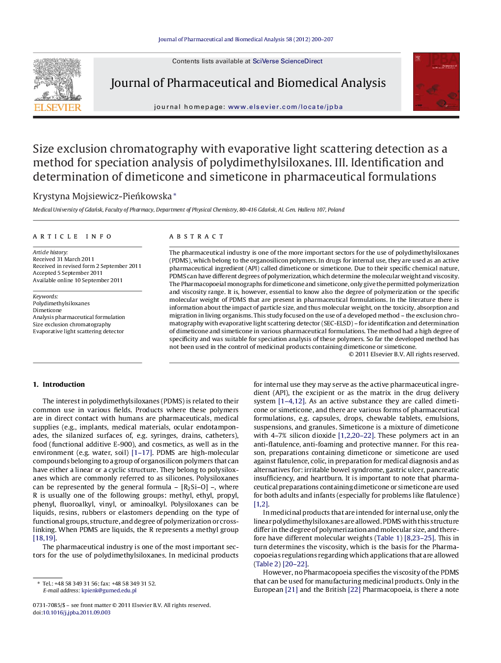 Size exclusion chromatography with evaporative light scattering detection as a method for speciation analysis of polydimethylsiloxanes. III. Identification and determination of dimeticone and simeticone in pharmaceutical formulations