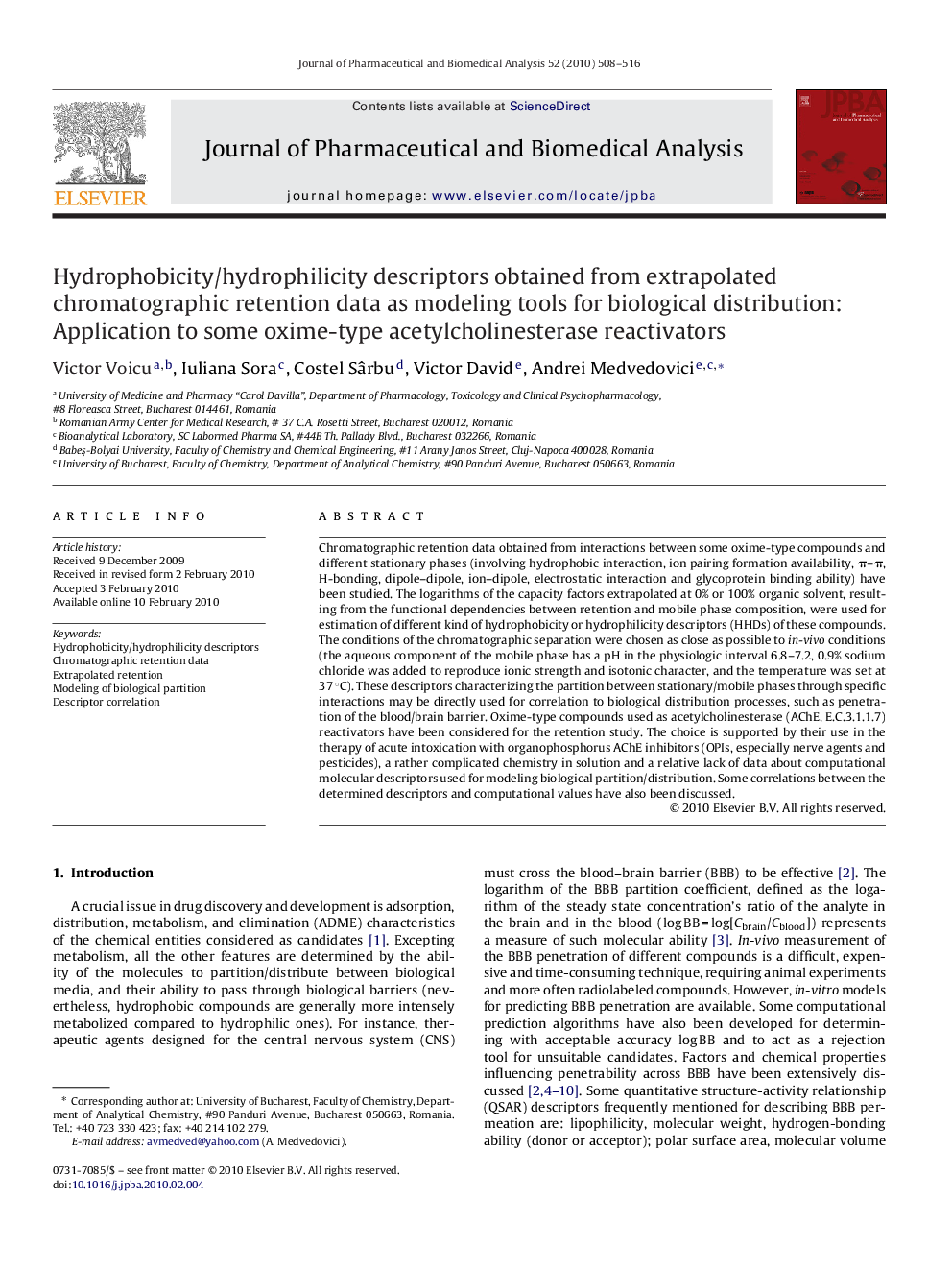 Hydrophobicity/hydrophilicity descriptors obtained from extrapolated chromatographic retention data as modeling tools for biological distribution: Application to some oxime-type acetylcholinesterase reactivators